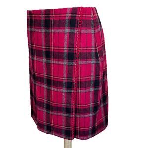 Eddie Bauer Vintage Wool Blend Faux Wrap Skirt Size 8 Red Tartan Plaid Grunge